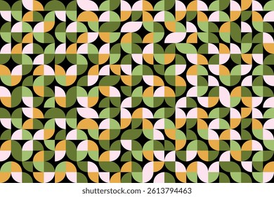 Color bauhaus style seamless pattern. Modern ornament with grid and tile geo squares, semicircles and half-circles. Abstract geometric retro background for cloth, card, textile, fabric.
