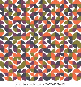 Color bauhaus style seamless pattern. Modern ornament with grid and tile geo squares, semicircles and half-circles. Abstract geometric retro background for cloth, card, textile, fabric.