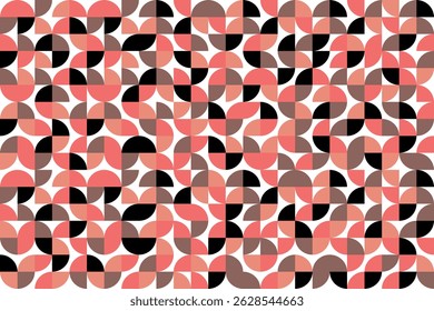 Color bauhaus style seamless pattern. Modern ornament with grid and tile geo squares, semicircles and half-circles. Abstract geometric retro background for cloth, card, textile, fabric.