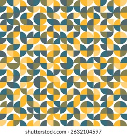 Color bauhaus style seamless pattern. Modern ornament with grid and tile geo squares, semicircles and half-circles. Abstract geometric retro background for cloth, card, textile, fabric.
