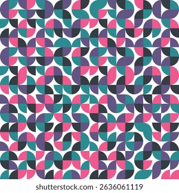 Color bauhaus style seamless pattern. Modern ornament with grid and tile geo squares, semicircles and half-circles. Abstract geometric retro background for cloth, card, textile, fabric.
