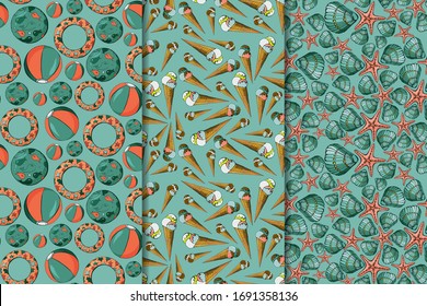Color beach seamless pattern set. Shell, starfish, beach ball, icecream