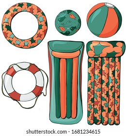 Color beach set with lifebuoy, balls, rubber ring and inflatable mattresses