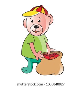 color bear vector cartoon holding sack of red apple