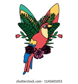 color beauty parrot with tropical branches plants
