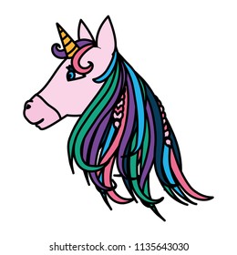 color beauty unicorn head with horn and hairstyle