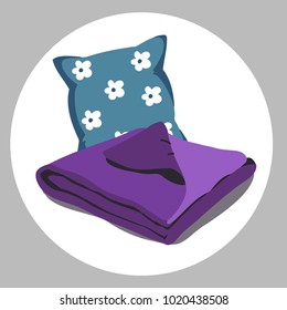 Color bed linen. Pillows, sheets, blankets. Vector Illustration of a cartoon. ultra violet purple color of the year 2018