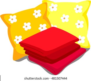 Color bed linen. Pillows, sheets, blankets. Vector Illustration of a cartoon