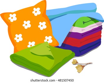 Color bed linen. Pillows, sheets, blankets. Vector Illustration of a cartoon isolated on white background