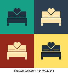 Color Bedroom icon isolated on color background. Wedding, love, marriage symbol. Bedroom creative icon from honeymoon collection. Vintage style drawing. Vector Illustration