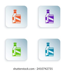 Color Beer bottle and beer can icon isolated on white background. Set colorful icons in square buttons. Vector