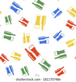 Color Beer bottle and glass icon isolated seamless pattern on white background. Alcohol Drink symbol. Vector.