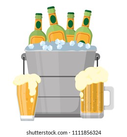 color beer bottle with ice cubes inside bucket