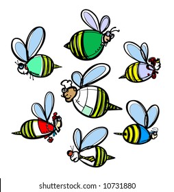 Color bees, seven types, vector set