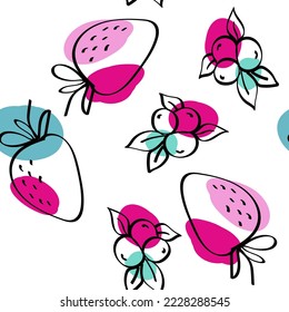 Color Berry Vector White Seamless Pattern. Cartoon Strawberry Texture. Fuchsia and Turquoise Blueberry Sketch Design.