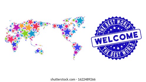 Color The best world mosaic of stars, and scratched rounded blue WELCOME seal. Abstract territory scheme in bright color hues. Vector the best world is created from bright stars.