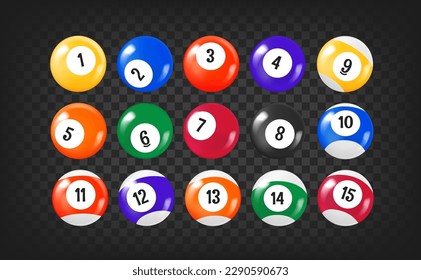 Color billiard balls set. 3d vector clipart isolated on transparent background