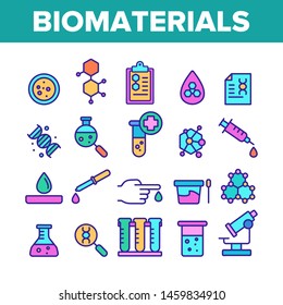 Color Biomaterials, Medical Analysis Vector Linear Icons Set. Biomaterials Research Outline Cliparts. Chemical Experiment Pictograms Collection. Scientific Laboratory Equipment Illustration