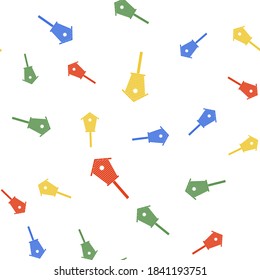 Color Bird house icon isolated seamless pattern on white background. Nesting box birdhouse, homemade building for birds. Vector.