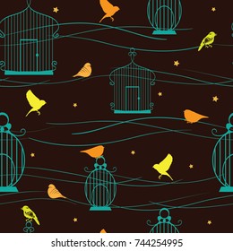 Color birds and birdcage on a dark seamless pattern