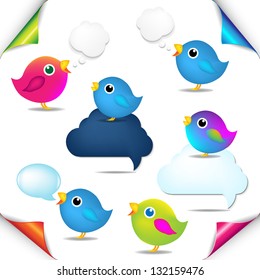 Color Birds Set With Corners And Speech Bubble With Gradient Mesh, Isolated On White Background, Vector Illustration