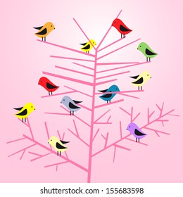 Color birds sit on a tree a pink background
