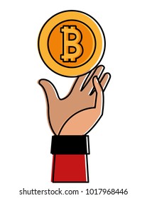 color bitcoin electronic currency with hand up