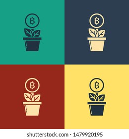 Color Bitcoin plant in the pot icon isolated on color background. Business investment growth. Blockchain technology, cryptocurrency mining. Vintage style drawing. Vector Illustration