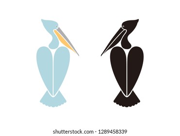 Color and black flat graphic icon or logo of a large water bird pelican. Symbol, character, vintage vector illustration, isolated on background for design, label, sticker, emblem, identity.