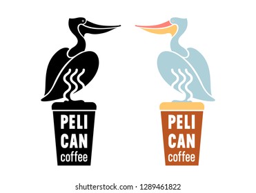 Color and black flat graphic icon or logo of water bird pelican, sitting on cup of coffee. Symbol, character, vintage vector illustration, isolated on background for design, label, cafe, identity.