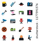 Color and black flat icon set - suitcase vector, female, desk, shovel, heart hand, signpost, term, themes, user, office chair, house with tree, cafe, beer, dress code, intercome, surveillance, flag