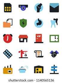 Color and black flat icon set - pills blister vector, stomach, tooth, joint, folder document, protect, alarm, mail, sim, handshake, warehouse, plan, crane, vip zone, steaming pan, web camera