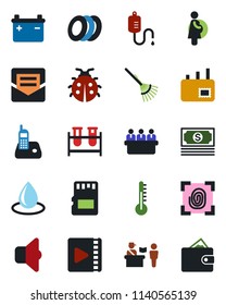 Color and black flat icon set - passport control vector, meeting, rake, lady bug, water drop, blood test vial, dropper, pregnancy, cash, radio phone, mail, sd, video, plates, fingerprint, sound