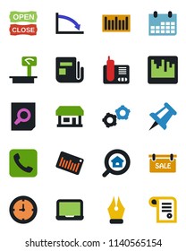 Color and black flat icon set - gear vector, document search, notebook pc, drawing pin, calendar, store, clock, heavy scales, barcode, news, radio phone, call, scanner, ink pen, sale, estate, crisis