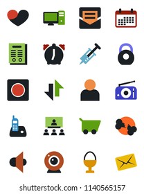 Color and black flat icon set - syringe vector, broken bone, heavy, radio, speaker, phone, heart, user, alarm, mail, record, data exchange, hierarchy, contract, egg stand, web camera, pc, calendar