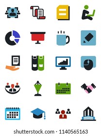 Color and black flat icon set - handshake vector, contract, book, pennant, team, graduate, mouse, document, presentation board, circle chart, notes, calendar, coffee, company, monitor statistics, hr