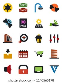Color and black flat icon set - passport vector, office building, notebook pc, calendar, wheelbarrow, broken bone, package, settings, lock, sun panel, estate search, bathroom, city house, open close