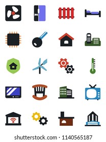 Color and black flat icon set - bed vector, fireplace, tv, office phone, house, building, key, children room, fridge, estate insurance, chip, fan, gear, thermometer, radiator, garage gate control