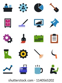 Color and black flat icon set - gear vector, hierarchy, job, rake, boot, sickle, settings, themes, clipboard, calendar, coffee, monitor statistics, drawing pin, pie graph, point, manager desk