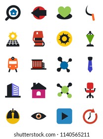 Color and black flat icon set - train vector, left arrow, office building, pennant, house, sun, sickle, heart, molecule, lungs, eye, play button, chair, tie, book, panel, estate search, clock