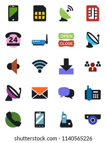 Color and black flat icon set - satellite antenna vector, mobile phone, mail, team, office, 24 hours, speaker, cell, radio, call, message, sim, download, wireless, open close, router, web camera