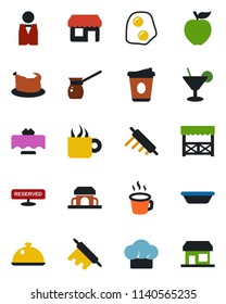 Color and black flat icon set - coffee vector, waiter, dish, restaurant table, cook hat, reserved, cocktail, cafe building, alcove, chicken, bowl, rolling pin, turkish, omelette, apple fruit
