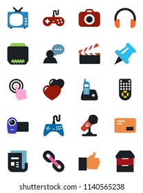 Color and black flat icon set - clapboard vector, camera, microphone, news, tv, gamepad, video, remote control, touch screen, speaker, headphones, radio phone, chain, finger up, heart, paper pin