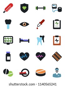 Color and black flat icon set - bed vector, heart pulse, monitor, blood pressure, dropper, thermometer, pills, blister, ampoule, tomography, barbell, shield, tooth, implant, eye, clipboard, doctor