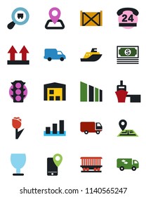 Color and black flat icon set - navigation vector, railroad, cash, traffic light, 24 hours, mobile tracking, sea shipping, car delivery, port, container, fragile, up side sign, tulip, sorting