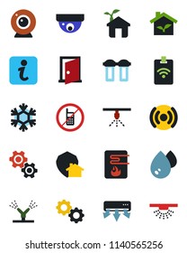 Color and black flat icon set - no mobile vector, eco house, irrigation, water heater, wireless, web camera, snowflake, air conditioner, gear, filter, home protect, door, information, pass card