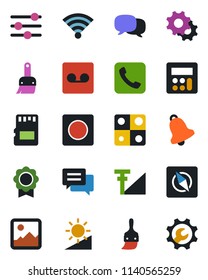 Color and black flat icon set - call vector, message, gallery, settings, tuning, themes, calculator, bell, record, sd, wireless, brightness, compass, cellular signal, application, sertificate