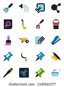 Color and black flat icon set - document search vector, pen, drawing pin, pencil, garden fork, wheelbarrow, bucket, watering, sickle, share, themes, cut, stapler, ladle, rolling, steaming pan