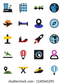 Color and black flat icon set - arrival vector, bed, baggage larry, seat map, airport building, picnic table, navigation, pin, plane, sea shipping, compass, rocket, earth, guidepost, air balloon