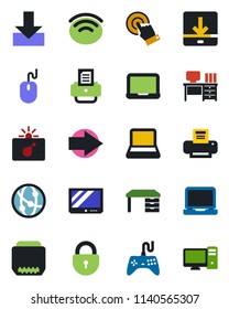 Color and black flat icon set - bomb in case vector, right arrow, lock, mouse, desk, notebook pc, printer, gamepad, tv, network, touch screen, laptop, hdmi, download, wireless
